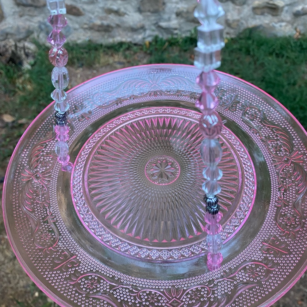 Bird Feeder Textured Pink Glass w/ Owl & Beads